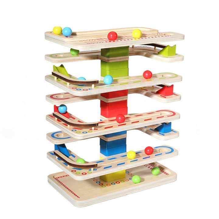 Wooden Ball Ramp Race Track Sliding Toy 4 Layer Rolling Tower Parent ...