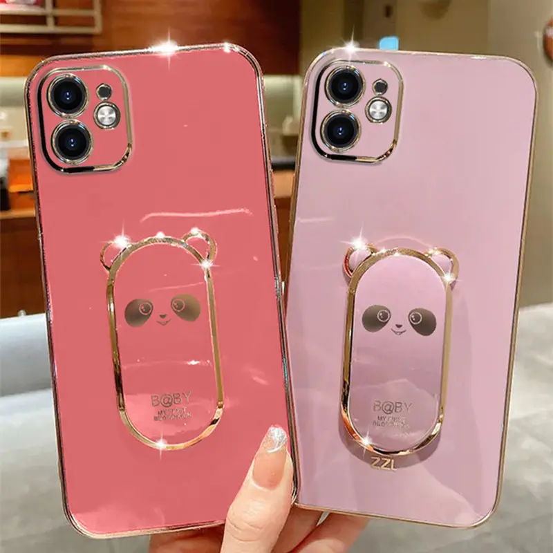 Casing Ponsel Braket Lipat Panda Plating Mewah untuk Xiaomi 13 13ite 12SPro 12T dengan Penutup Belakang Penyangga untuk Redmi 9A 10S