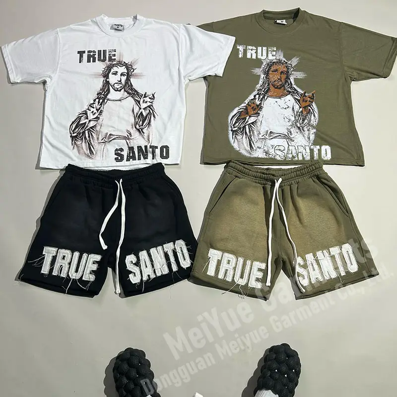 Set di Streetwear da uomo personalizzato pantaloncini Boxy pesanti con Applique e toppe in difficoltà t-shirt serigrafate e pantaloncini