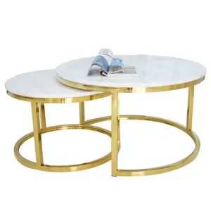 Vendita all'ingrosso oro nero tavoli di nidificazione-Tavolino da caffè rotondo moderno con nidificazione tavolo da nidificazione in legno Mdf con pietra laterale in metallo nero dorato piegato