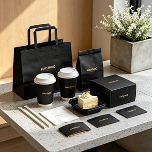 Luxury Custom Printed Gold Foil Stamping Logo Packaging Solution Elegant Matte Black Paper Bag for Coffee Cake Bread Set - Product Image 2