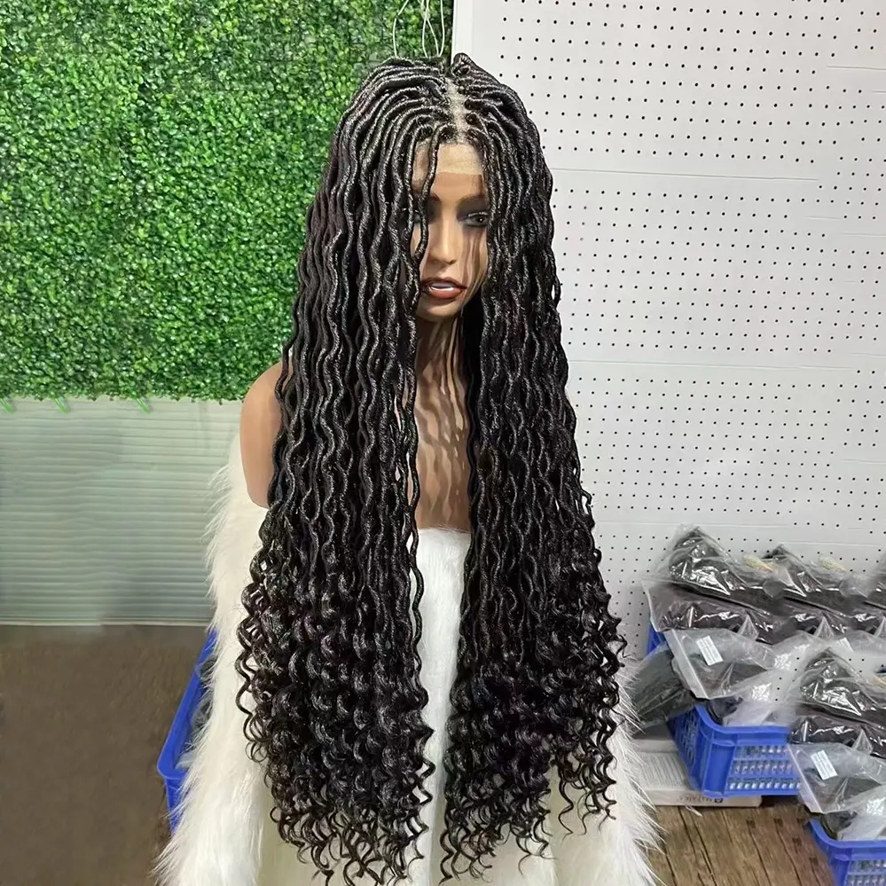 Wholesale African Knotless Big Box Braiding Hair Wigs Glueless Synthetic Hair Vendors Lace Front Braided Wigs For Black Women
