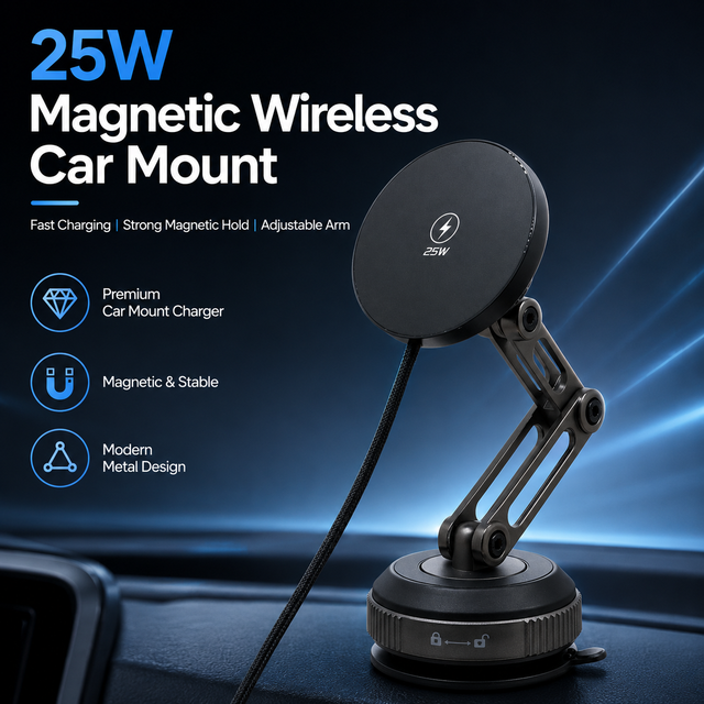 Qi2 25W Magnetic Wireless Charger Car Mount for Tesla Model3 1 Year Strong Suction Base Dashboard Locking USB-C Adjustable Stand