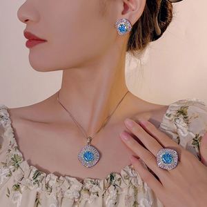 Fashion Jewelry Eco-friendly Copper Gold Plated 14-10mm Zircon Floral Pendant <b>Earrings</b> Ring Set for Everyday Wear - Product Image 6