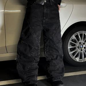 กางเกงยีนส์เดนิมทรงขากว้างพิมพ์ลายใยแมงมุม สไตล์วินเทจเรโทร ลุคสตรีทแวร์  ฟอกสีกลาง  แบบดิสเทรส  สำหรับผู้ชาย  ขนาดความสูงและน้ำหนักตามสั่ง - Product Image 3