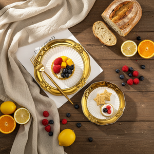 Ensemble <span class=keywords><strong>de</strong></span> plats <span class=keywords><strong>de</strong></span> <span class=keywords><strong>service</strong></span> en céramique <span class=keywords><strong>de</strong></span> luxe au design moderne, écologique, avec bord <span class=keywords><strong>doré</strong></span>, pour mariage, dîner, style restaurant - Product Image 5