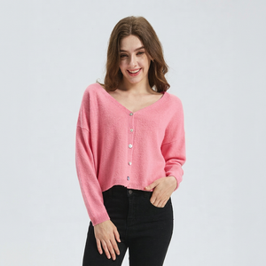 Cardigan en cachemire pur à 100 % pour femme, rose, col en V, tricoté, manches longues, coupe courte, décontracté, fermeture boutonnée, idéal pour l'automne - Product Image 1