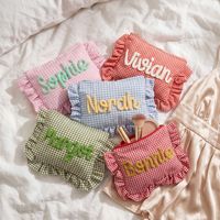Pochette de maquillage personnalisée à volants en chenille à carreaux, sac à nom, cadeau pour mariée, pochette de maquillage matinale, pochette coquette pour demoiselle d'honneur