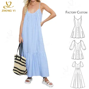 Bekleidungs hersteller Custom 2024 Sommer Frauen einfarbig gestreifter Schulter gurt Maxi Baumwolle Elegante Freizeit kleider für Strand