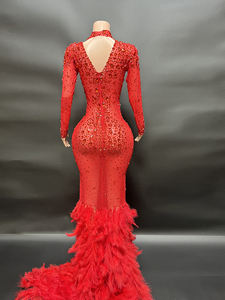 NOVANCE Novità 2023 Abito da Sera di Lusso da Donna Elegante a Sirena con Piume e Scintillanti Diamanti Rossi per Feste e Cene - Product Image 6