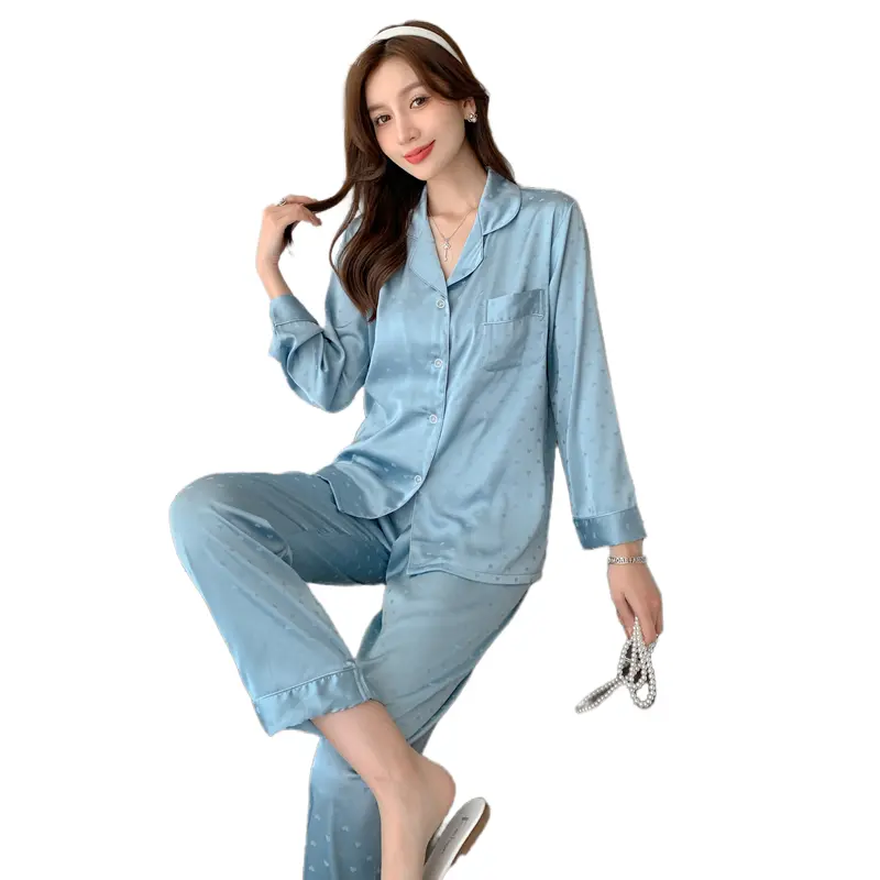 Lente Dames Effen Kleur Zijden Pyjama Losse Casual Huis Set Revers Satijn Lange Mouw Nachtkleding Jacquard Hoge Kwaliteit Nachtkleding