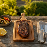 Planche de service en bois d'acacia naturel poli et durable avec poignée et rainure à jus pour fêtes, steaks, barbecues et charcuteries