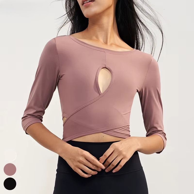 Custom Logo Workout Wear Cross Hem Hollow Out Running Crop Top Six-quarter Sleeve Short Fitness Sports Top Yoga Tshirt for Women