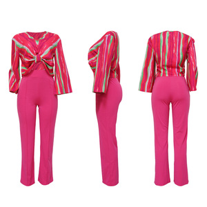 Conjunto de Oficina Q30728, Elegante para Mujer, Camiseta <span class=keywords><strong>con</strong></span> Cuello en V y Rayas Tie Dye, Pantalones Rectos, <span class=keywords><strong>Traje</strong></span> de Negocios - Product Image 5