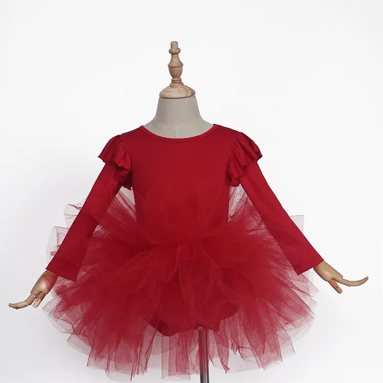 Disfraz de baile de leotardo rojo para niña, tutú de Navidad hasta la rodilla, vestido de baile para niña