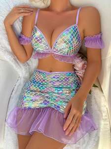 Conjunto de sujetador Sexy con patrón de sirena colorido, Falda corta Sexy, conjunto de ropa interior divertida y extraña para Halloween para mujer - Product Image 6