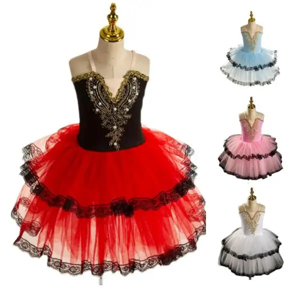 ecoparty professionelles Ballett romantischer Tutu langer Rock schwarz rot Spanien-Kleid erwachsene Kinder-Ballett-Auftrittskleid