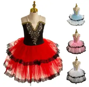 Ecotarty专业芭蕾浪漫短裙黑色红色西班牙连衣裙成人儿童芭蕾表演裙