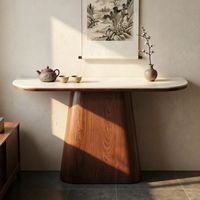 Table console moderne en marbre avec piétement sur colonne pour entrée de villa ou salon - Cadre en bois durable