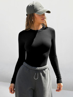 Atasan Wanita Biru Dongker Bergaris Lengan Panjang Model Crop Top Viscose Mock Neck Fitted Workout Athleisure untuk Olahraga di Gym Musim Gugur dan Musim Dingin 2026