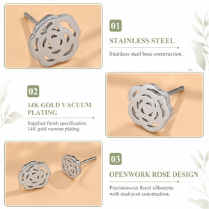Pendientes de acero inoxidable con baño de oro de 14K, diseño floral calado, 8 x 9 mm, 2.4 g - Product Image 3
