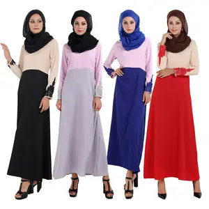 Di alta qualità trend casual abbigliamento islamico patchwork in cotone e lino a manica lunga maxi musulmano vestito e gonna per la donna abaya