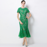 Elegante Vestido Midi de Mujer con Cuello de Cuentas, Manga Corta, Cinturón, Cintura Natural, Diseño Hueco y Encaje de Sirena para Primavera, Otoño y Verano