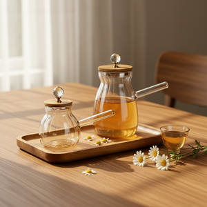Théière en verre ambré avec couvercle en bambou et bouton en cristal, bouilloire en verre borosilicate côtelé compatible induction - Product Image 3