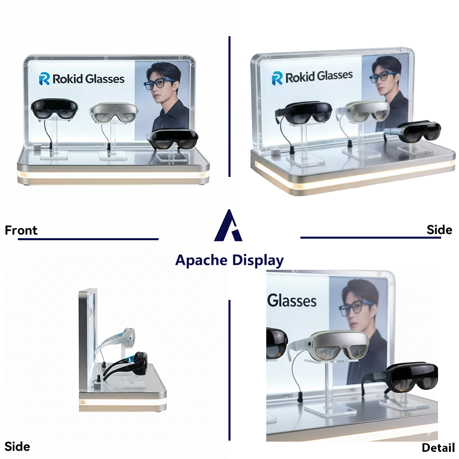 Apache Custom Acrylic Desktop AI Smart Glasses Display Stand with LED Light Box Eyewear Showstand for Electronic & Retail Store — view 3