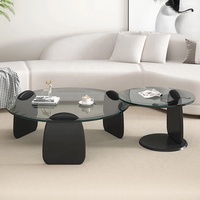 Zayshine Table Basse Minimaliste Italienne avec Plateau en Verre et Piètement en Bois Massif, Ronde, Noire, pour Salon, Ensemble de Meubles Design Simple