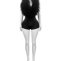 Viviblook Z603RP01 Combinaison d'été pour femme sans manches en satin avec plumes, col en V profond, col en fourrure, une pièce, grande taille, moulante