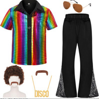 Ensemble de costumes disco des années 70 pour adultes, tenue de fête rétro légère avec chemise scintillante, pantalon pattes d'éléphant, perruque afro, lunettes
