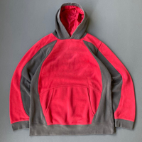 Hoodie Raglan Épais Bicolore Rouge et Gris avec Panneau Contrastant et Poche Kangourou, Lavage Vintage, Style Streetwear