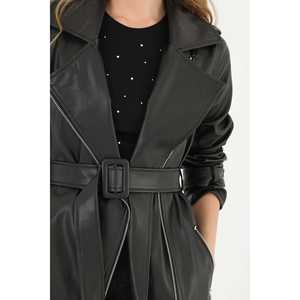 เสื้อโค้ทหนังสีดำสำหรับผู้หญิง สไตล์มินิมอล แขนยาว ผ้าทอ กันน้ำ แจ็คเก็ตตัวยาว - Product Image 4