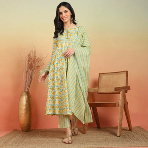 Premium Anarkali <b>Kurta</b> Pant Dupatta Set <b>Womens</b> Wear Yellow Floral Printed Three Quarter Sleeves Round Neck Comfortable Dress - Product Image 1