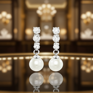 E3947 Orecchini pendenti in oro bianco con diamanti rotondi taglio brillante e perle imitate, gioielli da sposa classici da donna - Product Image 2