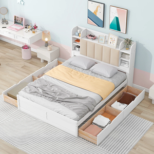 Cama Moderna de Madera Maciza con Plataforma, Cabecera Acolchada con Almacenamiento y Cajones para Dormitorio de Niños y Adultos - Product Image 1