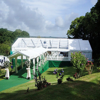 Tente de réception extérieure de luxe avec structure en aluminium et toit transparent blanc, tailles 10x30-20x40, pour 200-800 personnes, personnalisable