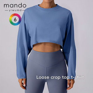 T-<span class=keywords><strong>shirt</strong></span> court ample en <span class=keywords><strong>coton</strong></span> modal pour <span class=keywords><strong>femme</strong></span>, col rond, épaules tombantes, tendance TikTok, pour le yoga et la remise en forme - Product Image 2