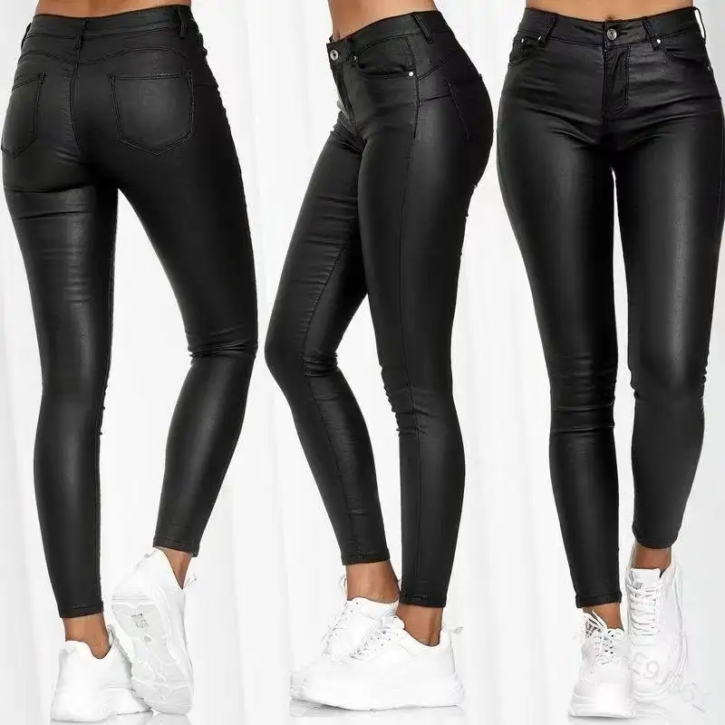 2021 kadın PU deri uzun pantolon siyah sıkı pantolon