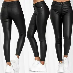 2021ผู้หญิง PU หนังกางเกงขายาวสีดำกางเกงแน่น