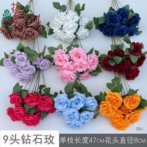 ดอกกุหลาบผ้าไหมประดิษฐ์ 9 หัว แบบนูน สำหรับตกแต่งงานแต่งงานและบ้าน - Product Image 3