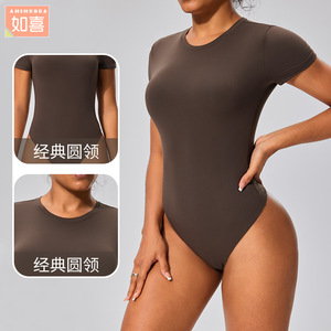 Women Sports Bodysuit Crew Neck High Elasticity Nylon <b>Tight</b> Fit Yoga Wear Base Layer Shapewear - Product Image 1
