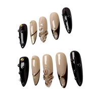Ongles Press-on Faits Main en PMMA, 10 Pièces, Personnalisables, Stiletto Moyen, Marron Ambré, Fleur 3D, Goutte de Rosée Dorée, Ongles de Luxe à Coller avec Colle