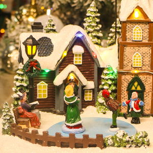 Décoration de <span class=keywords><strong>maison</strong></span> artisanale en résine, <span class=keywords><strong>maison</strong></span> de village de Noël avec rennes animés et luge, éclairage LED musical, directement de l'usine - Product Image 5
