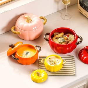 Bol en céramique de forme moderne avec couvercle Bols de vaisselle en forme de citrouilles blanches en céramique créative avec deux poignées - Product Image 4