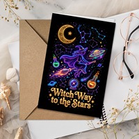 Carte de vœux d'Halloween Sorcière Étoilée, motif étoile et lune magiques, carte de message créative pour les fêtes