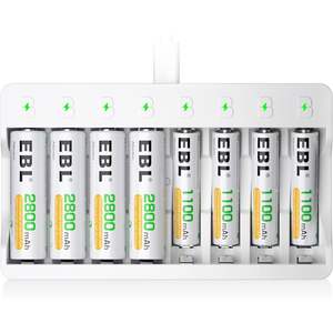Chargeur de piles EBL 8 emplacements individuels AA/AAA, charge rapide avec écran LCD/LED, rechargeable, 4 piles AAA 1100mAh, 4 piles AA 2800mAh - Product Image 1