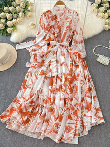 فستان نسائي كاجوال أنيق كوري جديد بطبعة زهور وأكمام طويلة مقاس كبير للبيع بالجملة - Product Image 3