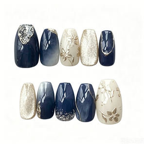 Faux <span class=keywords><strong>Ongles</strong></span> à Presser Esthétiques de Luxe en Gros, Courts Forme Cercueil, <span class=keywords><strong>Bleu</strong></span> <span class=keywords><strong>Marine</strong></span> Marbré avec Fleurs Dorées, Ensembles de Faux <span class=keywords><strong>Ongles</strong></span> de Luxe de Haute Qualité - Product Image 2